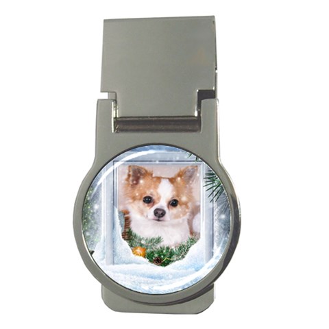 Puppy watching snow Money Clip (Round) from ArtsNow.com Front