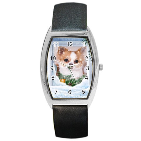 Puppy watching snow Barrel Style Metal Watch from ArtsNow.com Front