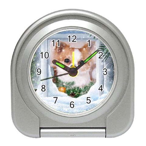 Puppy watching snow Travel Alarm Clock from ArtsNow.com Front