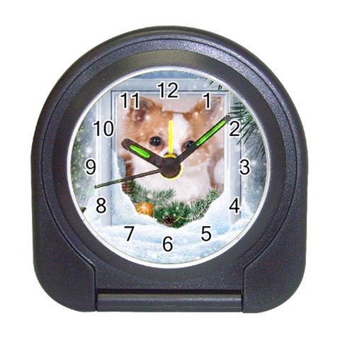 Puppy watching snow Travel Alarm Clock from ArtsNow.com Front