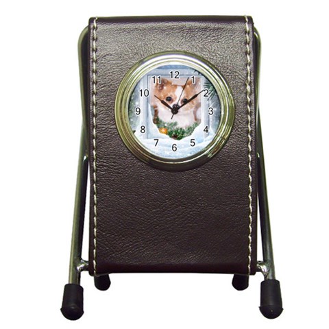 Puppy watching snow Pen Holder Desk Clock from ArtsNow.com Front