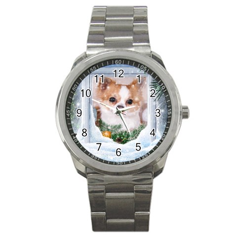 Puppy watching snow Sport Metal Watch from ArtsNow.com Front