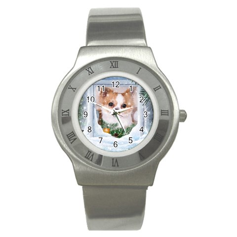 Puppy watching snow Stainless Steel Watch from ArtsNow.com Front