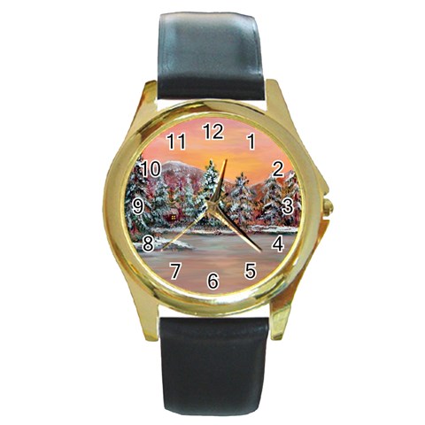  Jane s Winter Sunset   by Ave Hurley of ArtRevu ~ Round Gold Metal Watch from ArtsNow.com Front