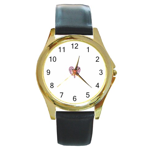 Pink Heart Shaped Skull Round Gold Metal Watch from ArtsNow.com Front