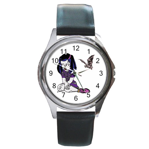 Goth Girl and Bat Round Metal Watch from ArtsNow.com Front