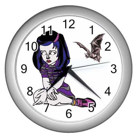 Goth Girl and Bat Wall Clock (Silver) from ArtsNow.com Front