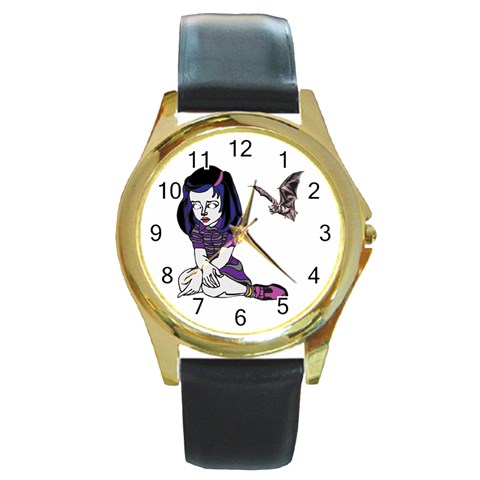 Goth Girl and Bat Round Gold Metal Watch from ArtsNow.com Front