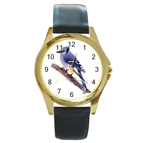 wild_birds_bluejay Round Gold Metal Watch from ArtsNow.com Front