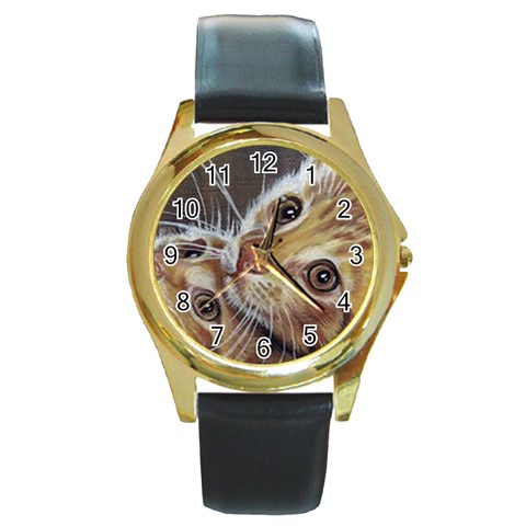 two_cats_closeup Round Gold Metal Watch from ArtsNow.com Front