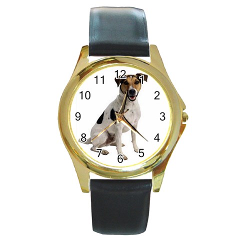 happy_dog1 Round Gold Metal Watch from ArtsNow.com Front