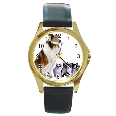 cats_dogs Round Gold Metal Watch from ArtsNow.com Front