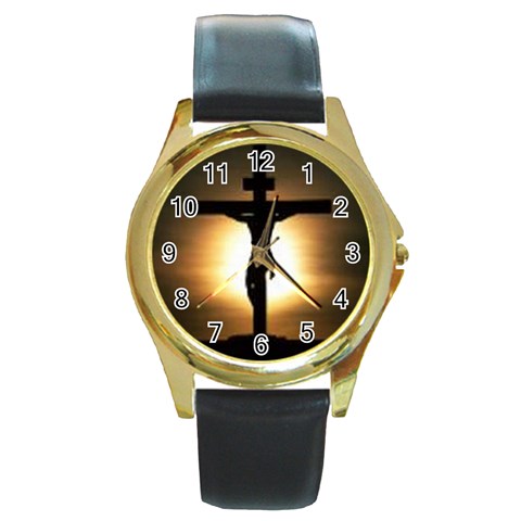 Jesus%20On%20The%20Cross Round Gold Metal Watch from ArtsNow.com Front