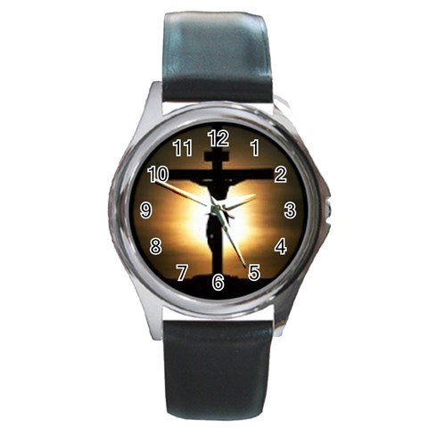 Jesus%20On%20The%20Cross Round Metal Watch from ArtsNow.com Front