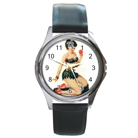 applepinupdecal Round Metal Watch from ArtsNow.com Front