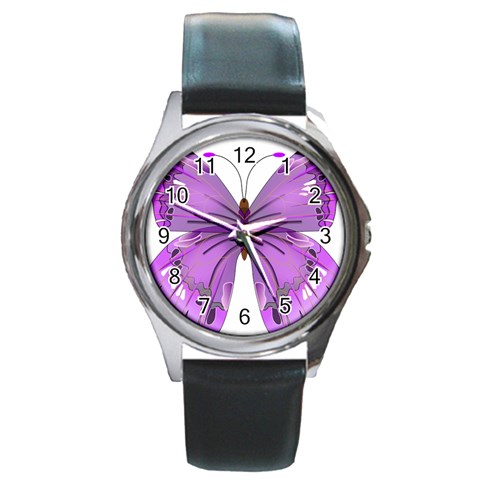 Purple Awareness Butterfly Round Leather Watch (Silver Rim) from ArtsNow.com Front