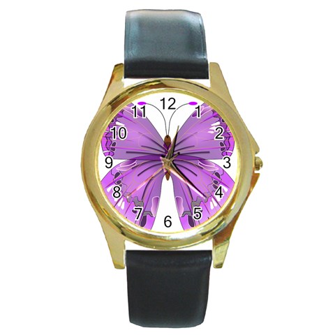 Purple Awareness Butterfly Round Leather Watch (Gold Rim)  from ArtsNow.com Front