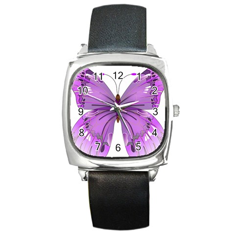 Purple Awareness Butterfly Square Leather Watch from ArtsNow.com Front