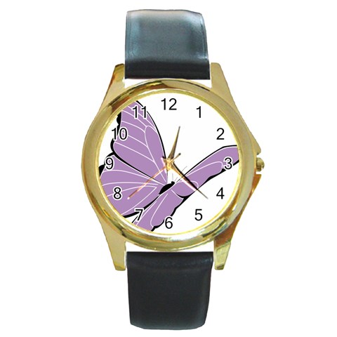 Purple Awareness Butterfly 2 Round Leather Watch (Gold Rim)  from ArtsNow.com Front