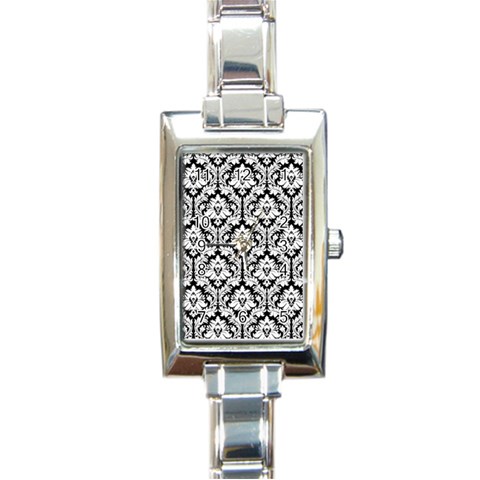 White On Black Damask Rectangular Italian Charm Watch from ArtsNow.com Front