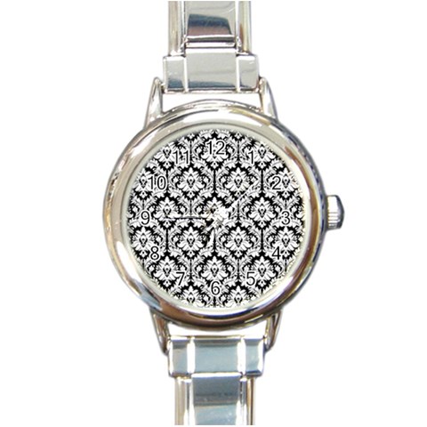 White On Black Damask Round Italian Charm Watch from ArtsNow.com Front