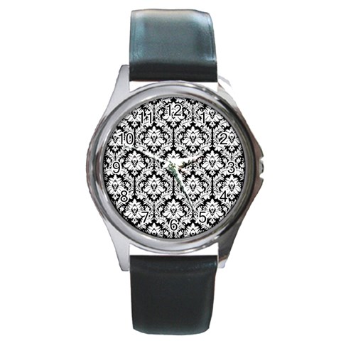 White On Black Damask Round Leather Watch (Silver Rim) from ArtsNow.com Front