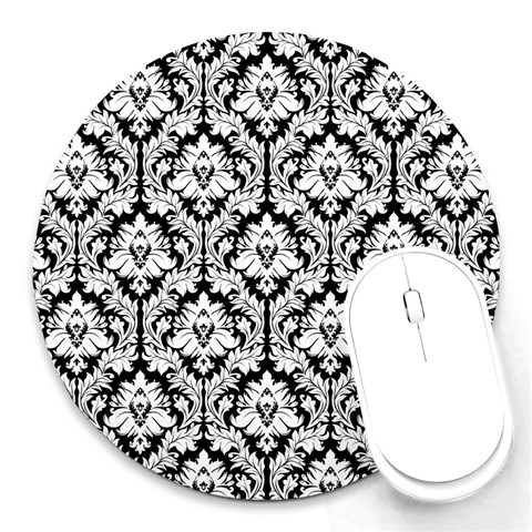 White On Black Damask 8  Mouse Pad (Round) from ArtsNow.com Front