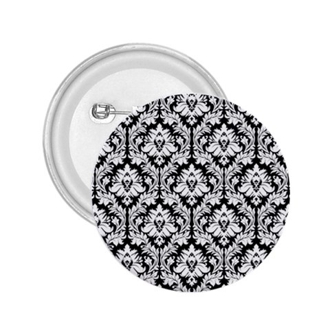 White On Black Damask 2.25  Button from ArtsNow.com Front