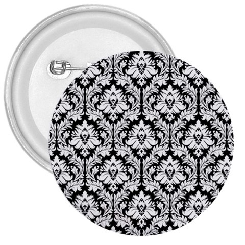 White On Black Damask 3  Button from ArtsNow.com Front