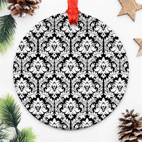 White On Black Damask Round Ornament from ArtsNow.com Front