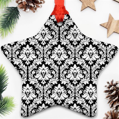 White On Black Damask Star Ornament from ArtsNow.com Front