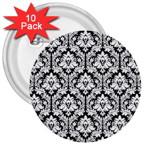 White On Black Damask 3  Button (10 pack) from ArtsNow.com Front