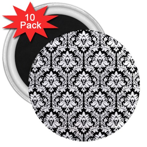 White On Black Damask 3  Button Magnet (10 pack) from ArtsNow.com Front