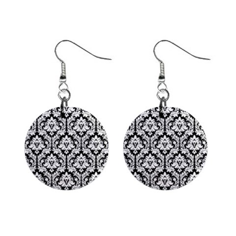 Black & White Damask Pattern 1  Button Earrings from ArtsNow.com Front