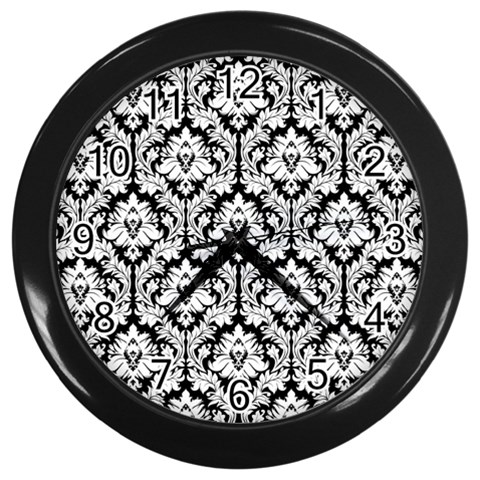 White On Black Damask Wall Clock (Black) from ArtsNow.com Front