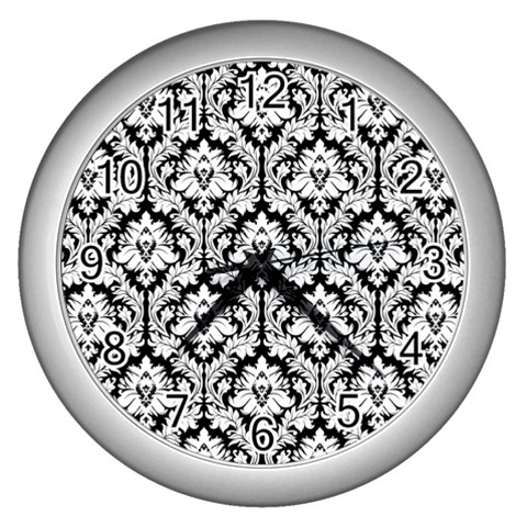 White On Black Damask Wall Clock (Silver) from ArtsNow.com Front