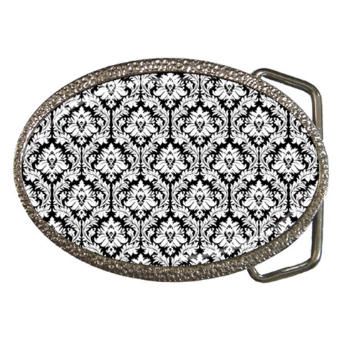 White On Black Damask Belt Buckle (Oval) from ArtsNow.com Front