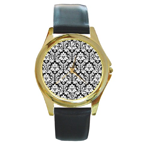 White On Black Damask Round Leather Watch (Gold Rim)  from ArtsNow.com Front