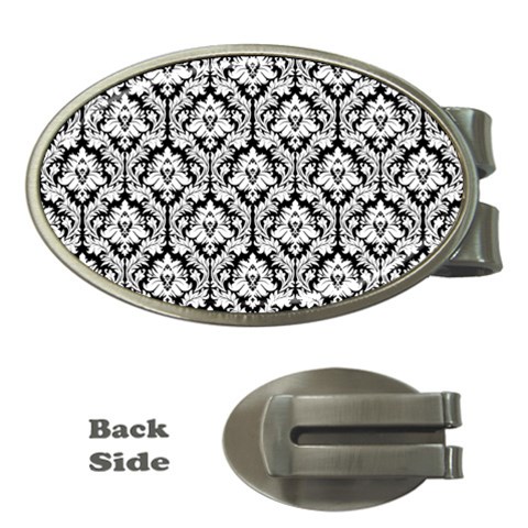 White On Black Damask Money Clip (Oval) from ArtsNow.com Front