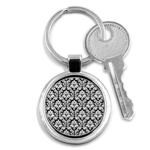 White On Black Damask Key Chain (Round) from ArtsNow.com Front