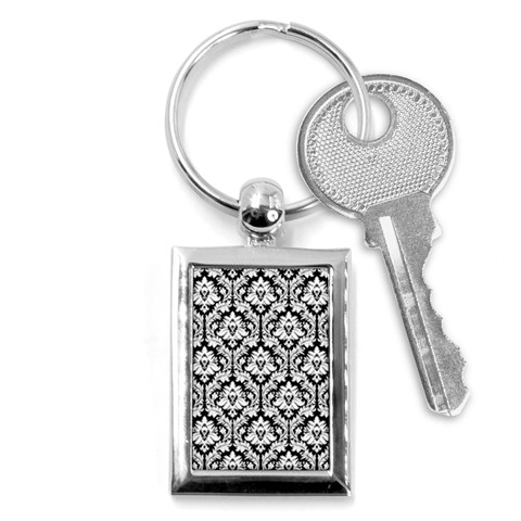 White On Black Damask Key Chain (Rectangle) from ArtsNow.com Front