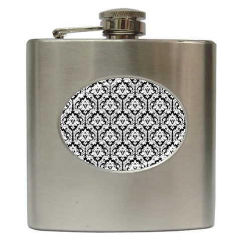 White On Black Damask Hip Flask from ArtsNow.com Front