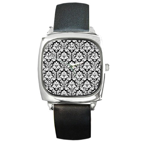 White On Black Damask Square Leather Watch from ArtsNow.com Front