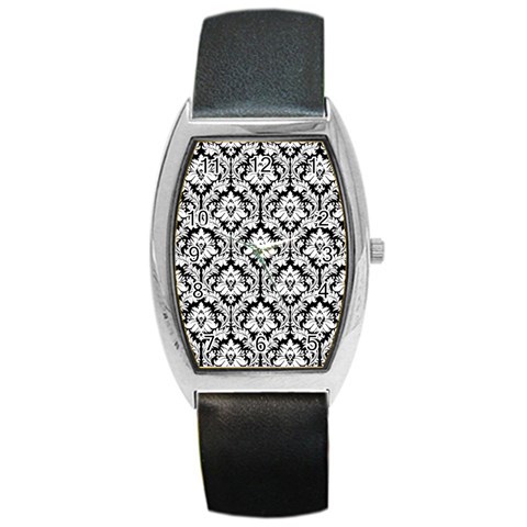 White On Black Damask Tonneau Leather Watch from ArtsNow.com Front