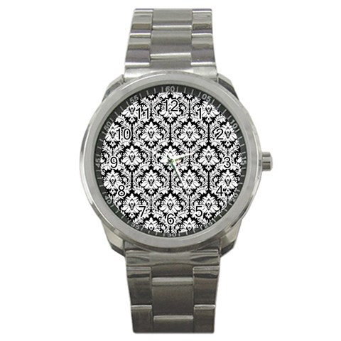 White On Black Damask Sport Metal Watch from ArtsNow.com Front