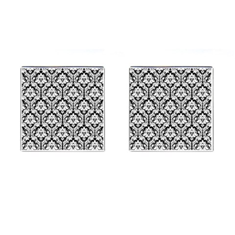 White On Black Damask Cufflinks (Square) from ArtsNow.com Front(Pair)