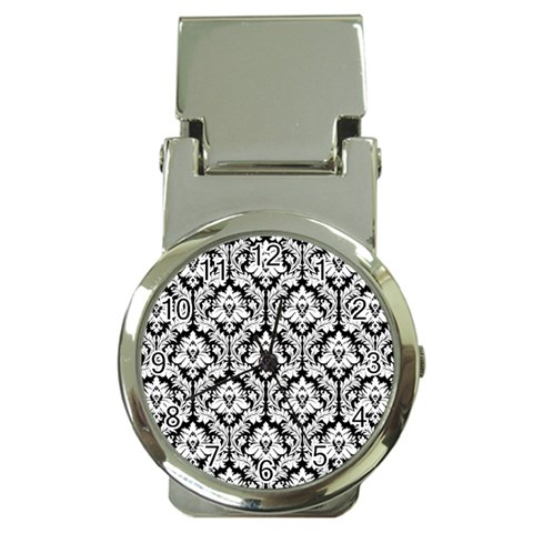 White On Black Damask Money Clip with Watch from ArtsNow.com Front