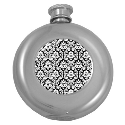 White On Black Damask Hip Flask (Round) from ArtsNow.com Front