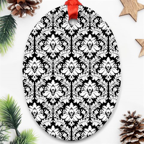 White On Black Damask Oval Ornament (Two Sides) from ArtsNow.com Back