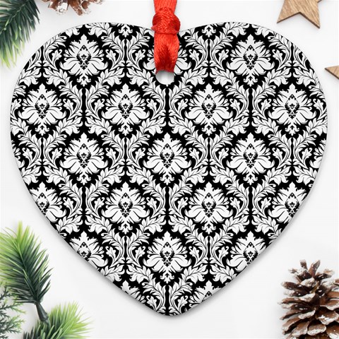 White On Black Damask Heart Ornament (Two Sides) from ArtsNow.com Front